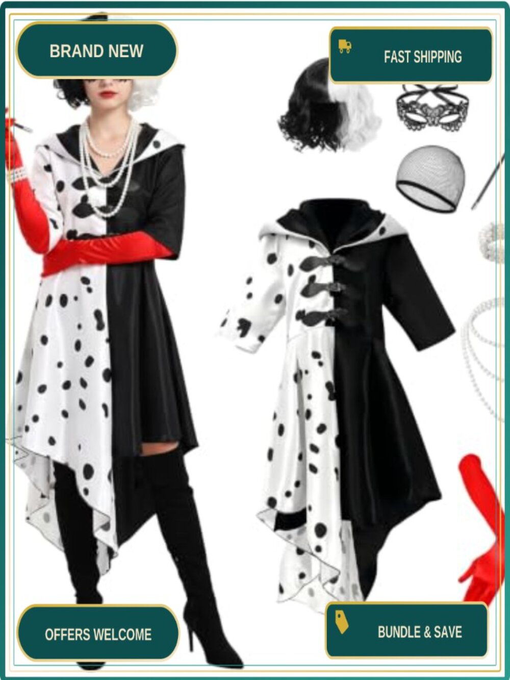 Women's Dalmatian Devil Costume 8 Piece Set with Wig Dress Gloves
